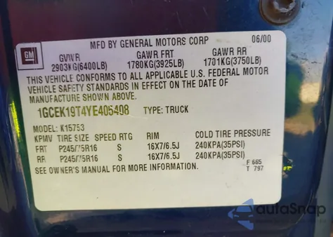 2000 Chevrolet Silverado 1500 Lt from USA, damaged, VIN 1GCEK19T4YE405408